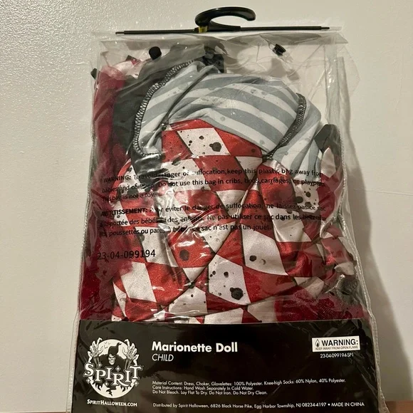 Spirit Marionette Doll Kids Costume - Red and White Harlequin - Picture 2 of 2